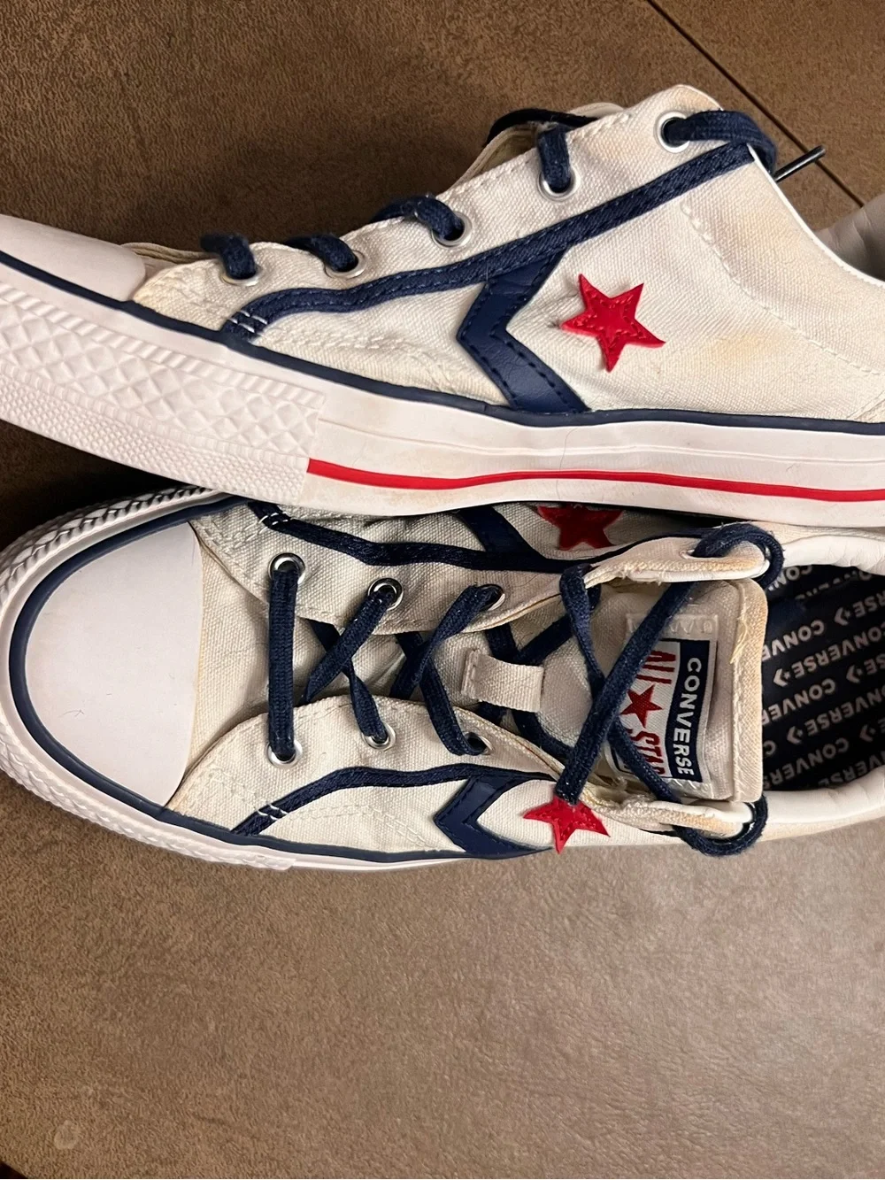 Converse Kids White Canvas Sneakers with Navy Trim and Red Star Accent